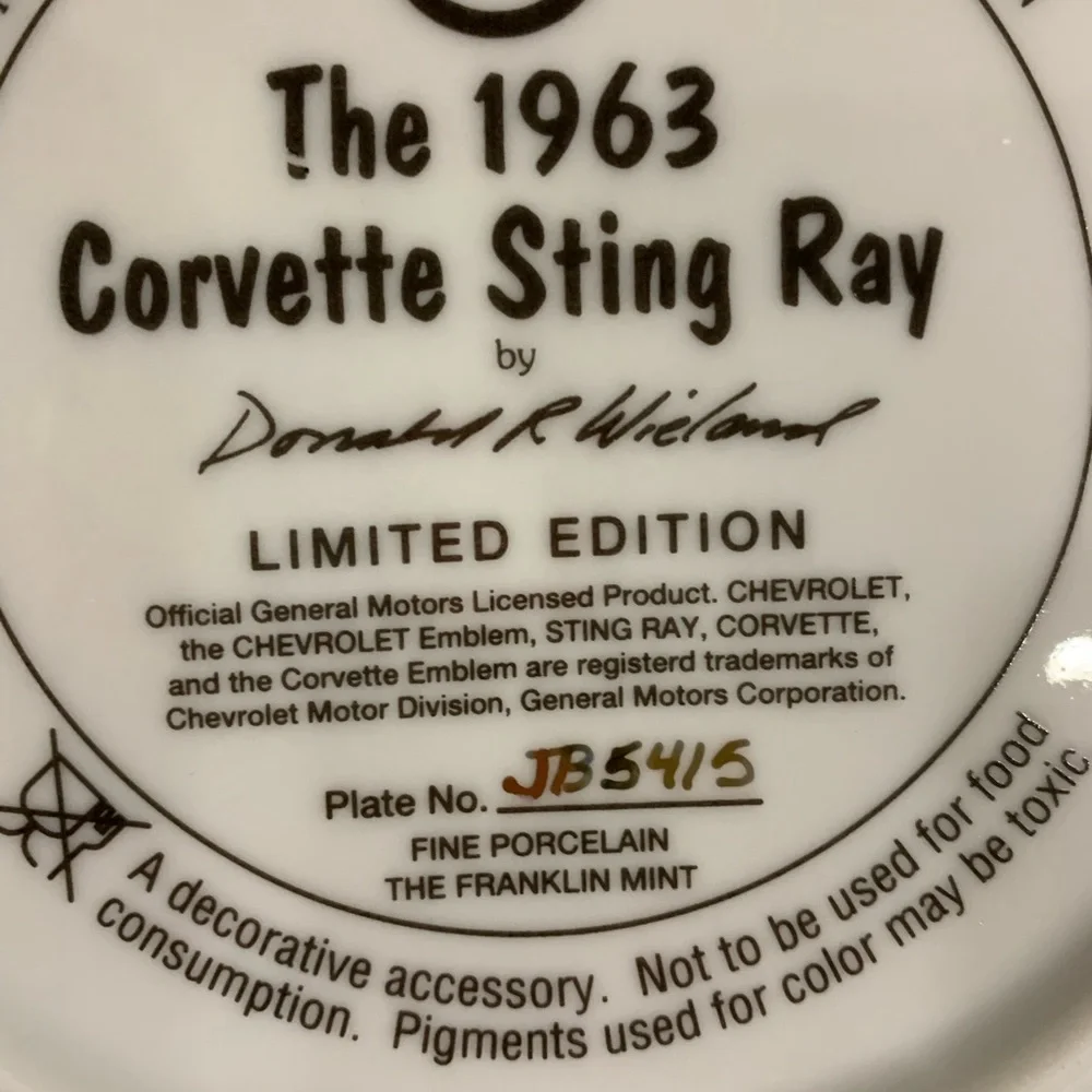 Franklin Mint 1963 Corvette Sting Ray Plate # JB5415